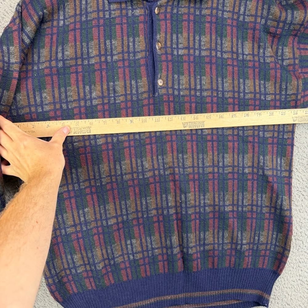 Brandini Le Collezioni Mens Medium Blue Plaid Wool Blend Polo Sweater Italy - Picture 3 of 7